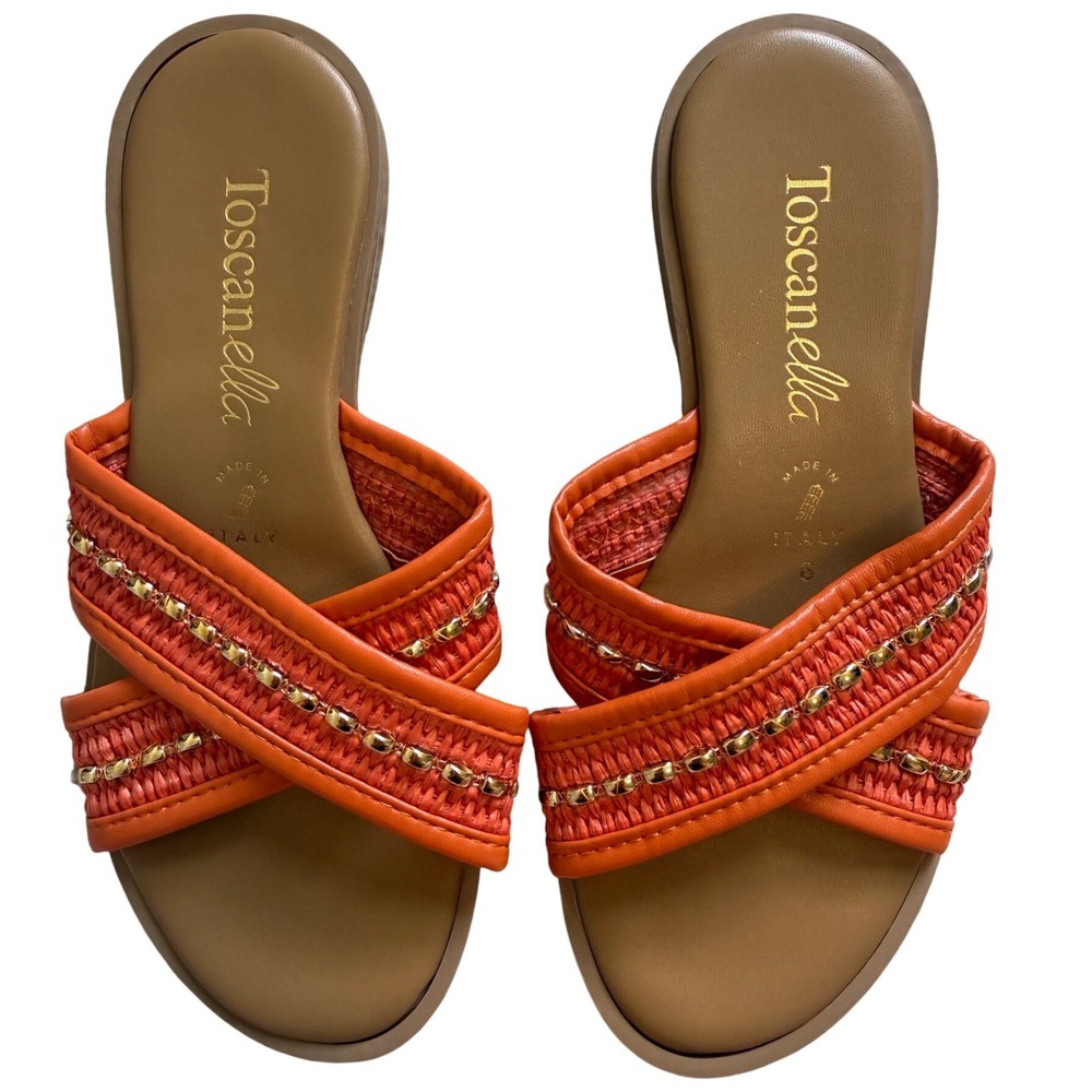 Toscanella Orange Raffia Slide‎ Sandals Gold Bead Accents Made in Italy Size 6